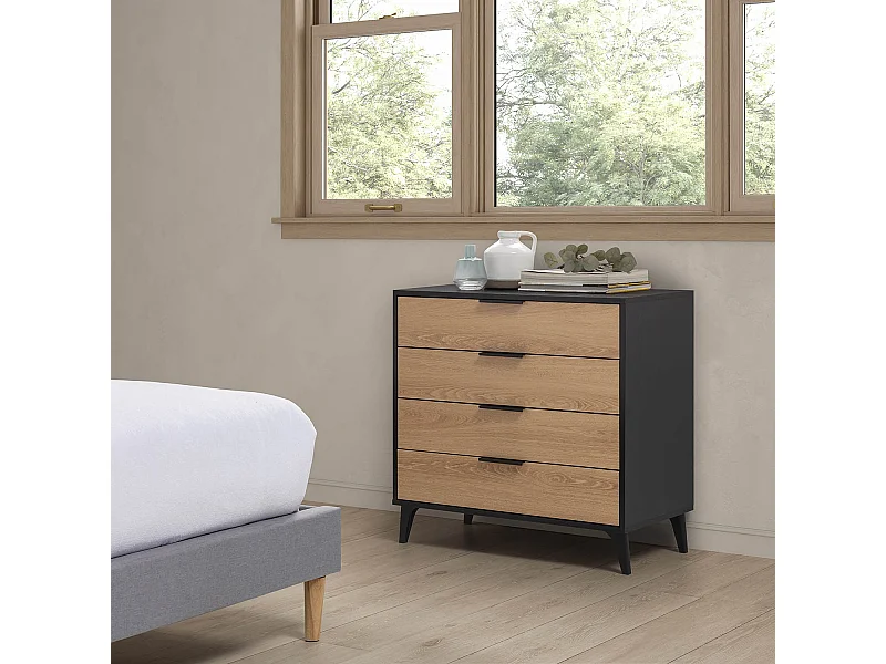Nachtkastje Kalma met 4 laden in zwart/eikenkleur