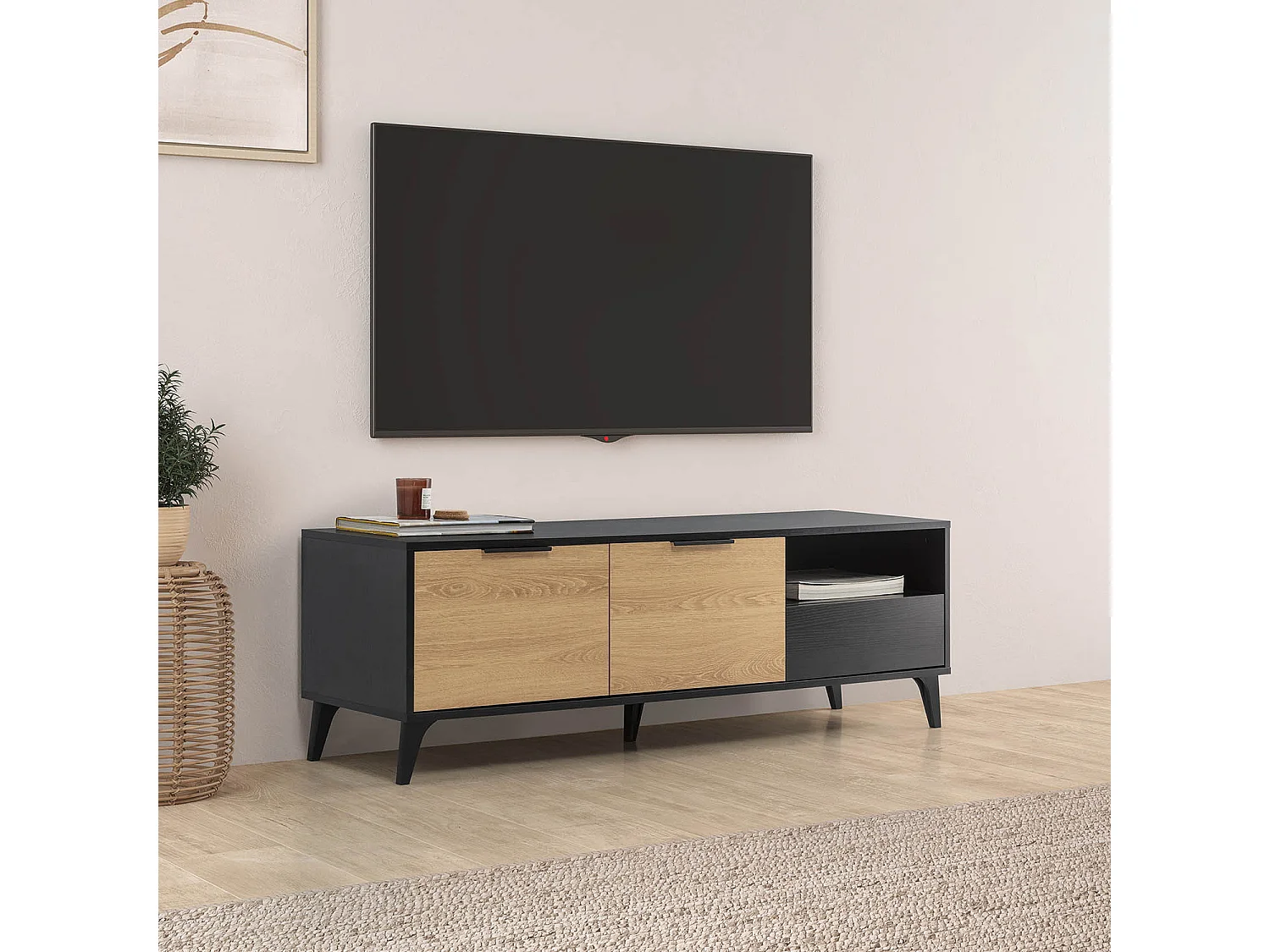 Meuble TV Kalma 2 portes 1 tiroir noir/chêne, longueur 136 cm