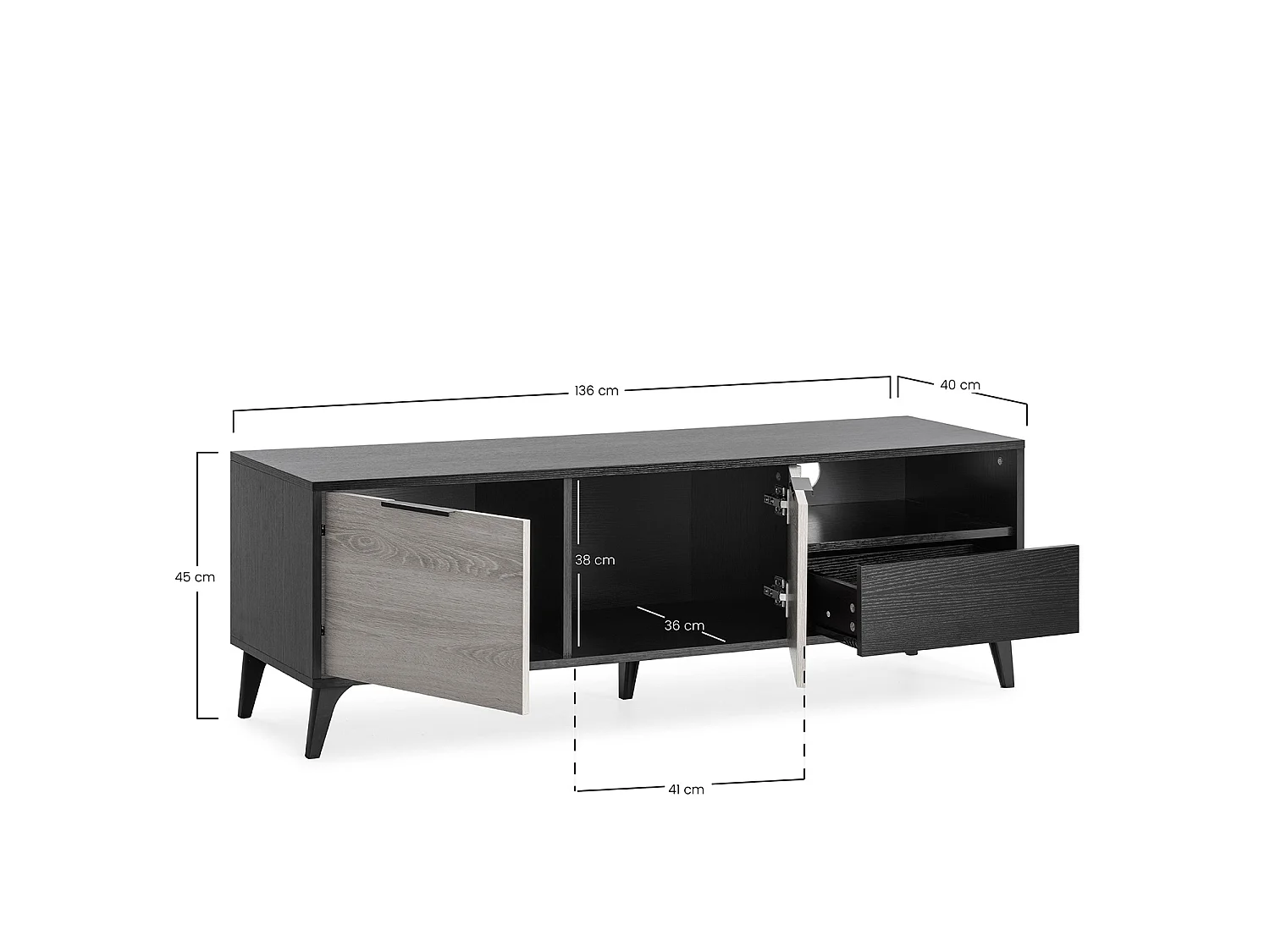 Meuble TV Kalma 2 portes 1 tiroir noir/chêne, longueur 136 cm