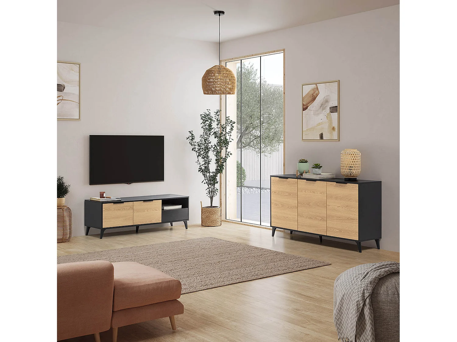 Meuble TV Kalma 2 portes 1 tiroir noir/chêne, longueur 136 cm
