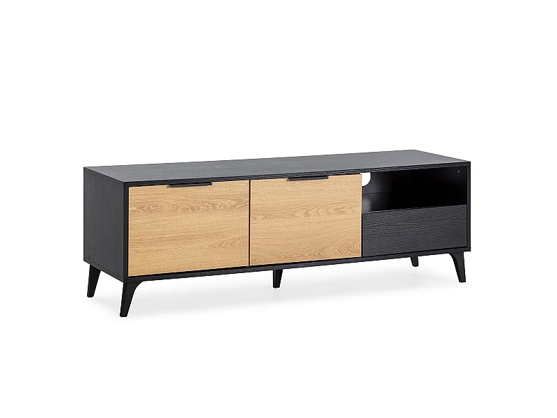 Meuble TV Kalma 2 portes 1 tiroir noir/chêne, longueur 136 cm