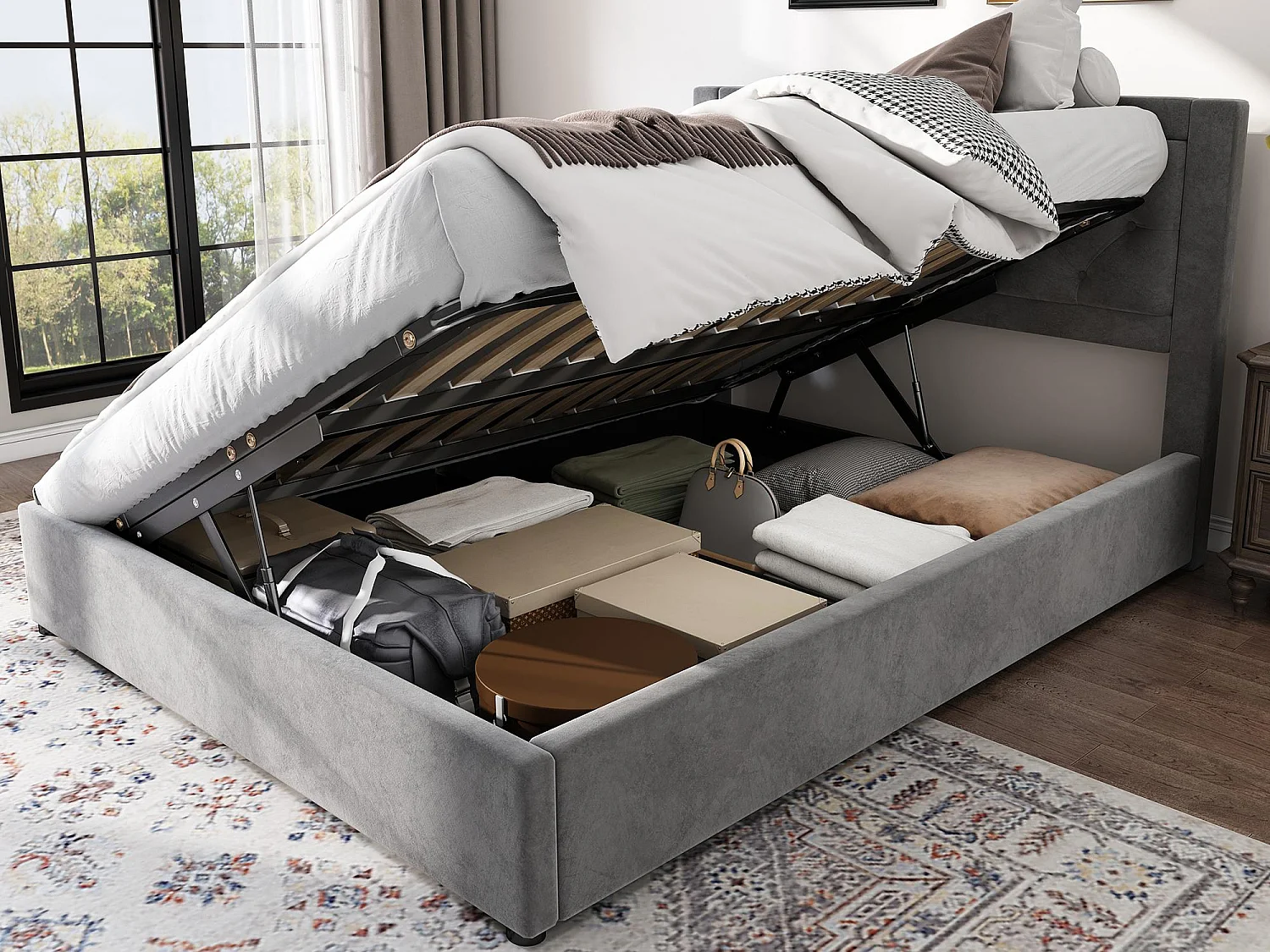 140x200cm fluwelen opbergbed - links en rechts hefbaar - Grijs