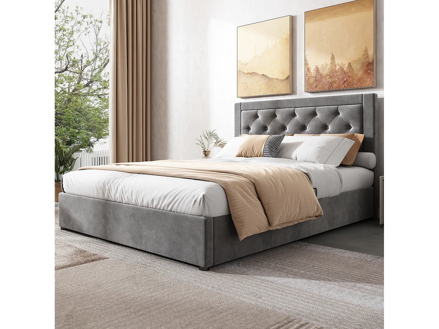 140x200cm fluwelen opbergbed - links en rechts hefbaar - Grijs