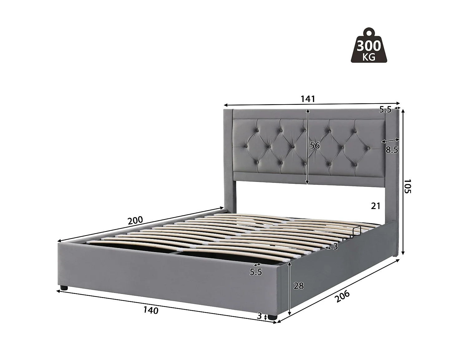 140x200cm fluwelen opbergbed - links en rechts hefbaar - Grijs