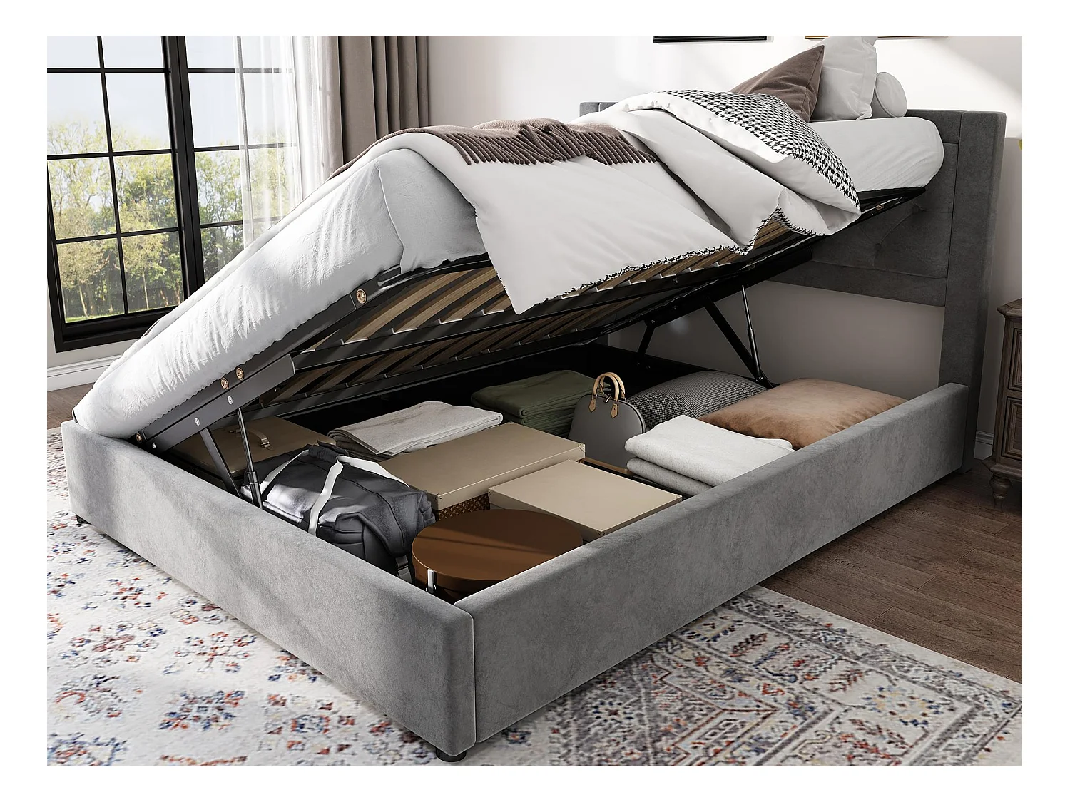 140x200cm fluwelen opbergbed - links en rechts hefbaar - Grijs