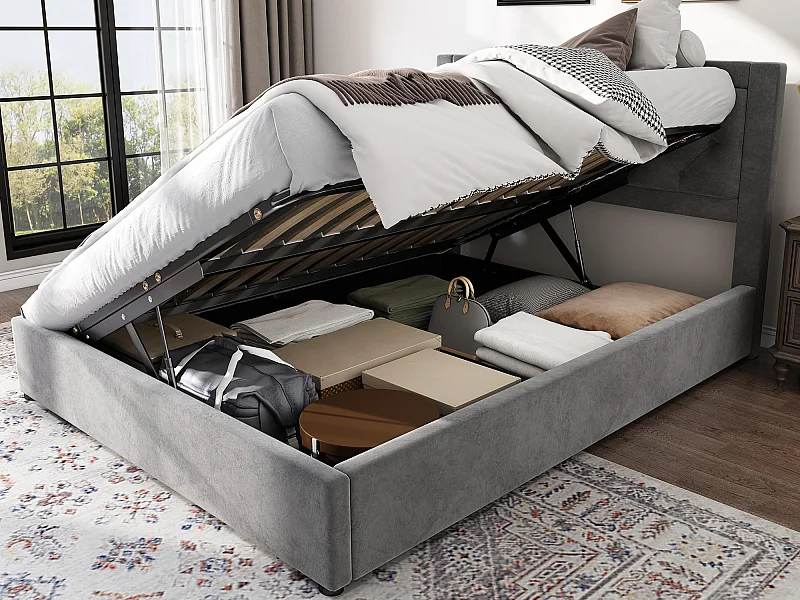 Lit coffre 140x200cm en velours - relevable à gauche et à droite - Gris