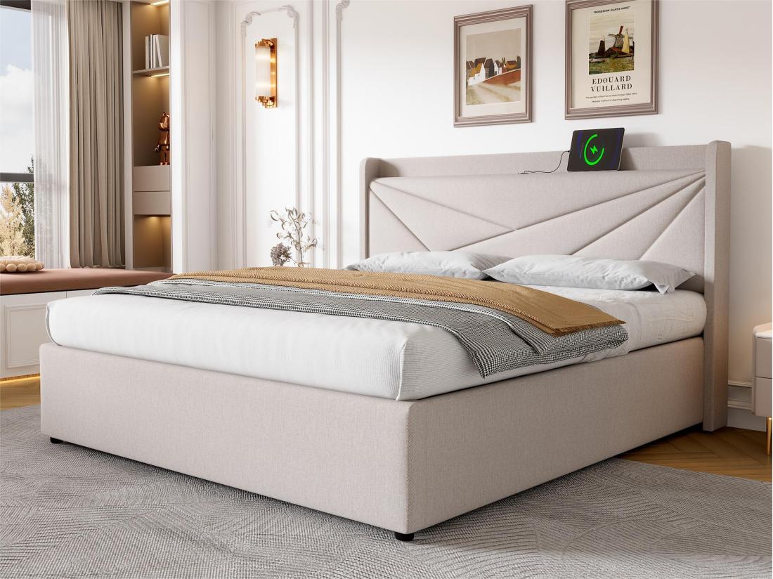 vente unique Lit coffre 160x200cm tissu en lin - avec port USB et sommier à lattes - Beige