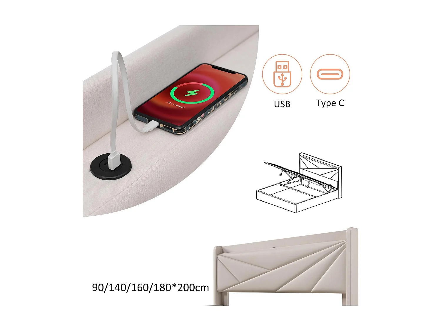 Bett mit Stauraum, 160 x 200 cm, Leinenstoff – mit USB-Anschluss und Lattenrost – Beige