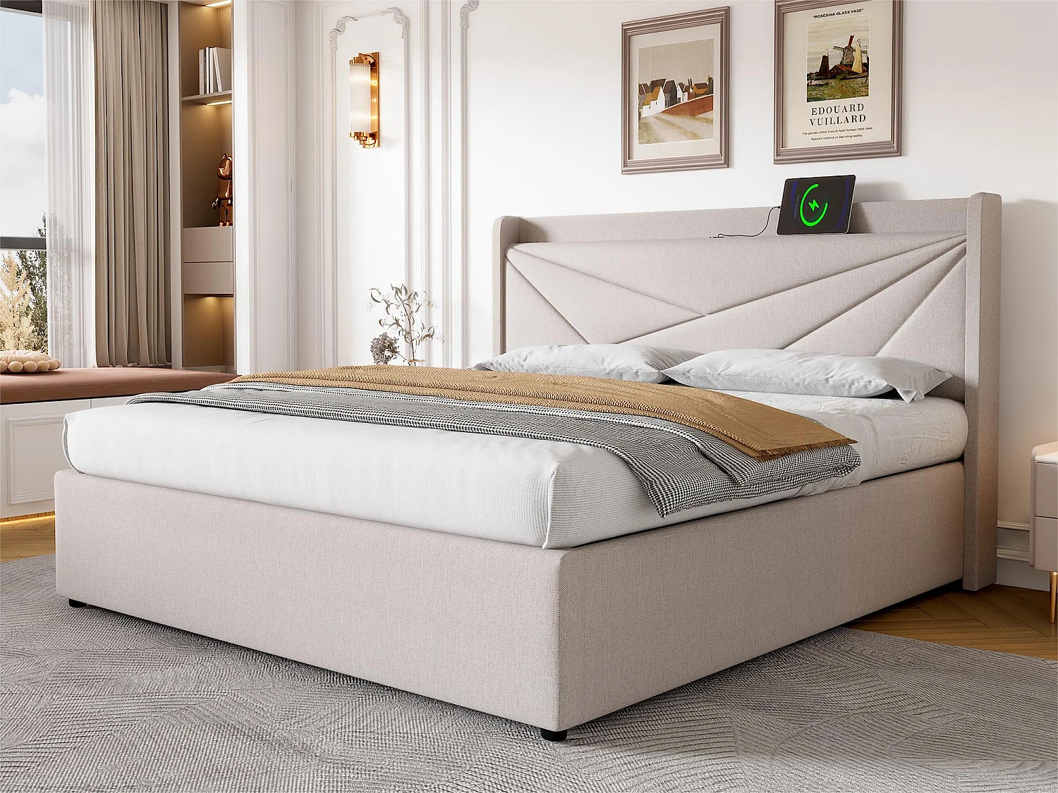 Cama contenedor de tela de lino 180x200 cm - con puerto USB y somier - Beige