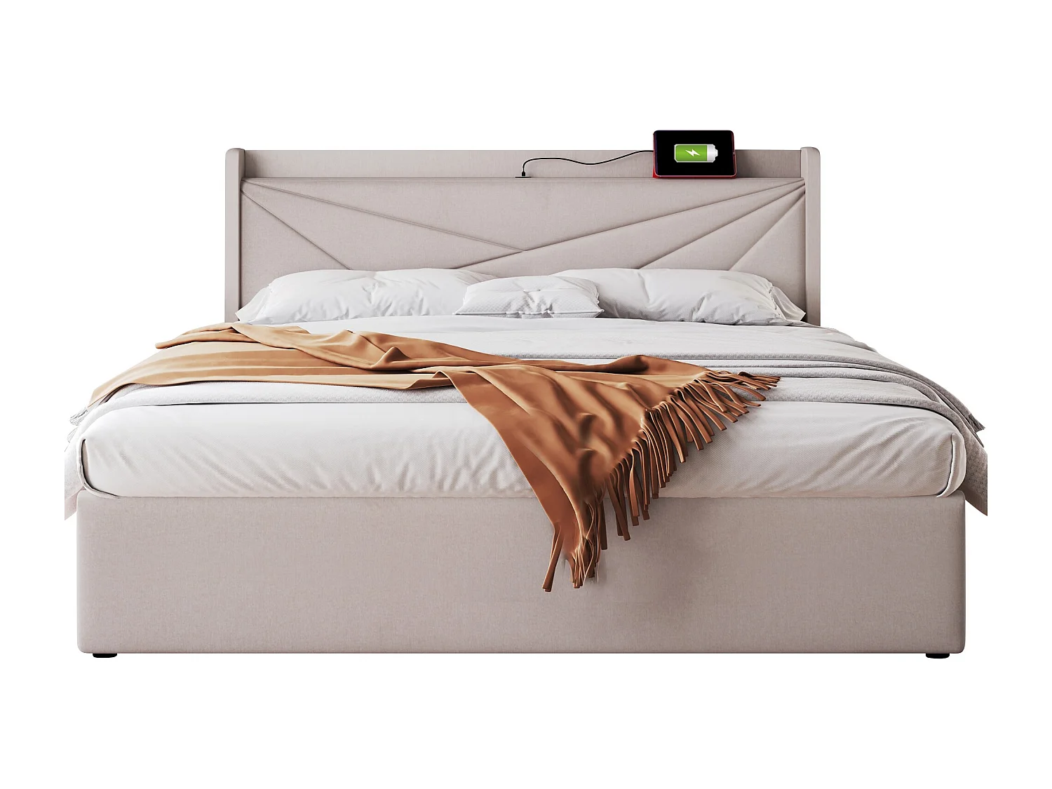 Opbergbed 180x200cm linnen stof - met USB-poort en lattenbodem - Beige