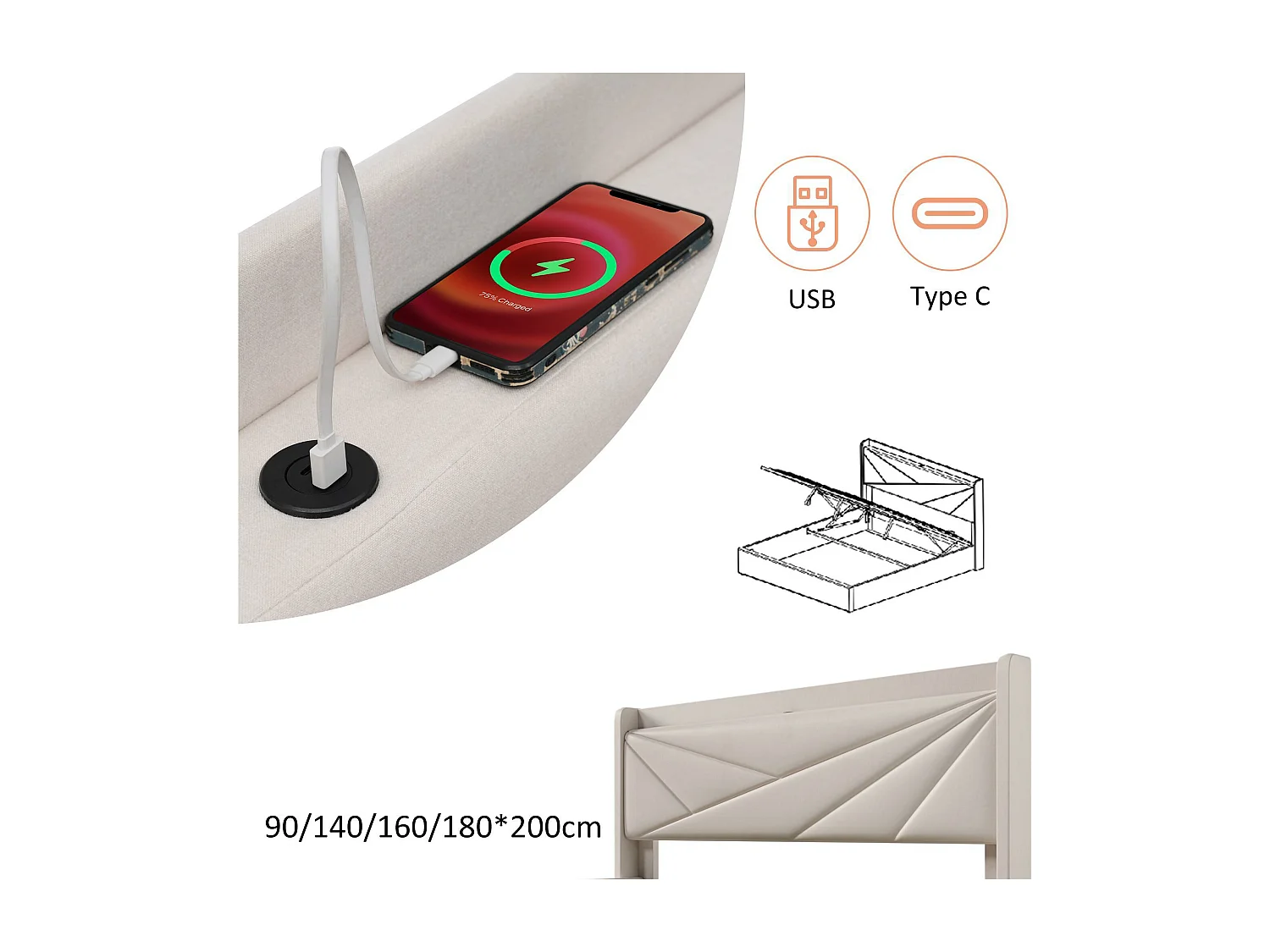 Lit coffre 180x200cm tissu en lin - avec port USB et sommier à lattes - Beige