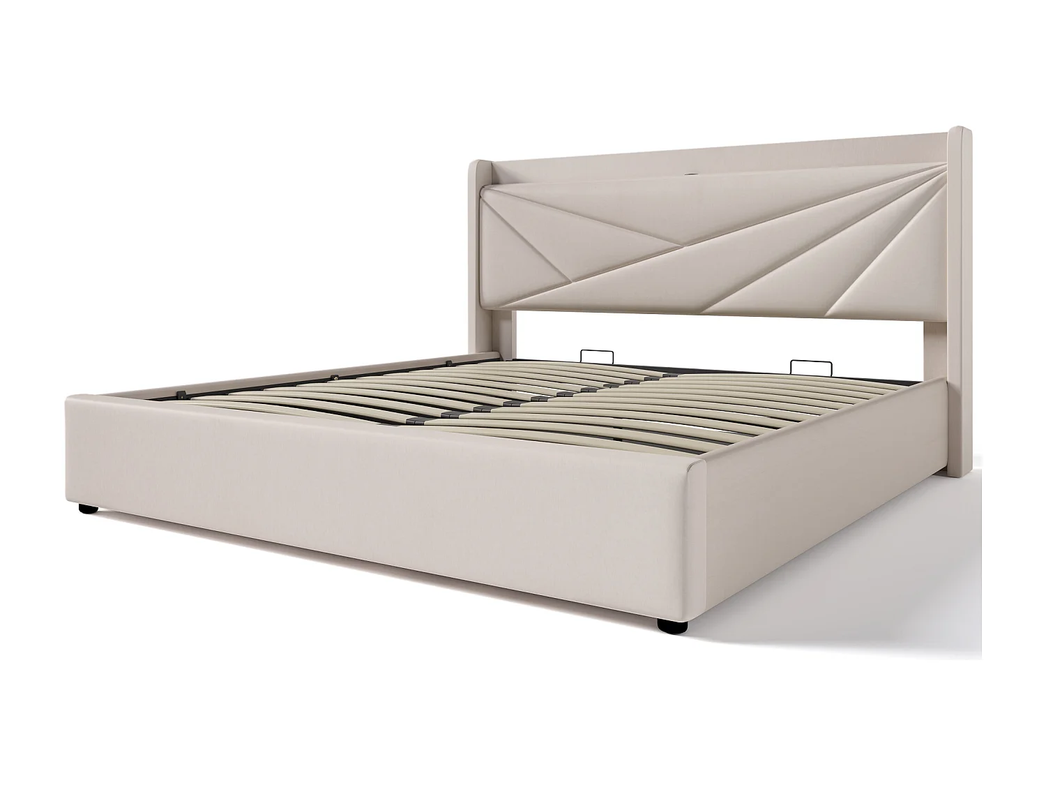 Lit coffre 180x200cm tissu en lin - avec port USB et sommier à lattes - Beige