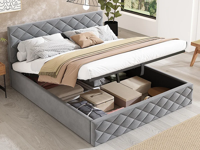 140 x 200 cm großes Stauraumbett aus Samt – mit Lattenrost – Grau