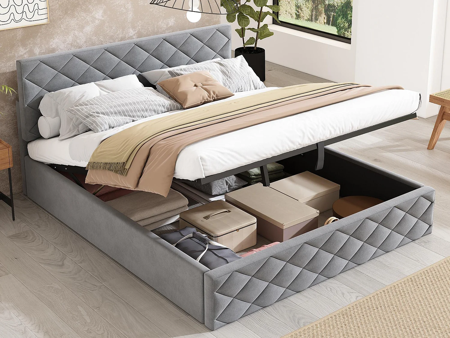 Lit coffre 140x200cm en velours - avec sommier à lattes - Gris