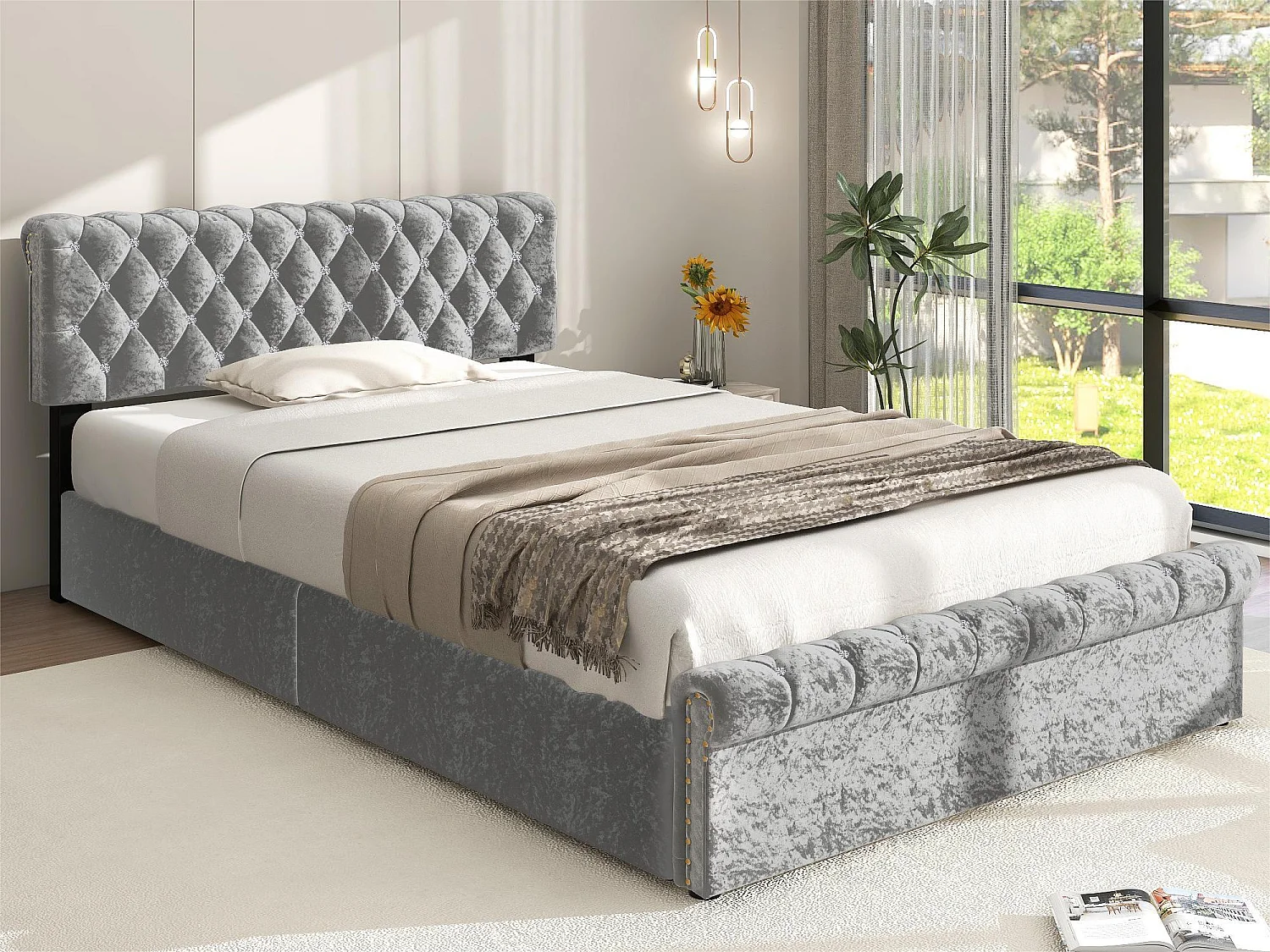 Lit coffre rembourré 90x200cm - tissu en velours - tête de lit réglable - Gris