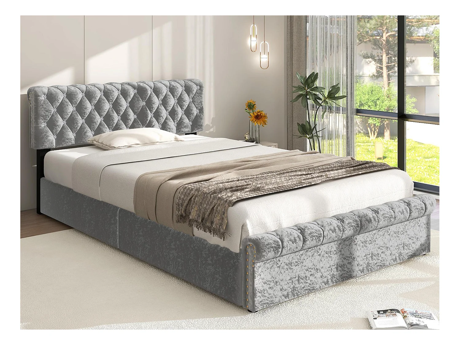Lit coffre rembourré 90x200cm - tissu en velours - tête de lit réglable - Gris