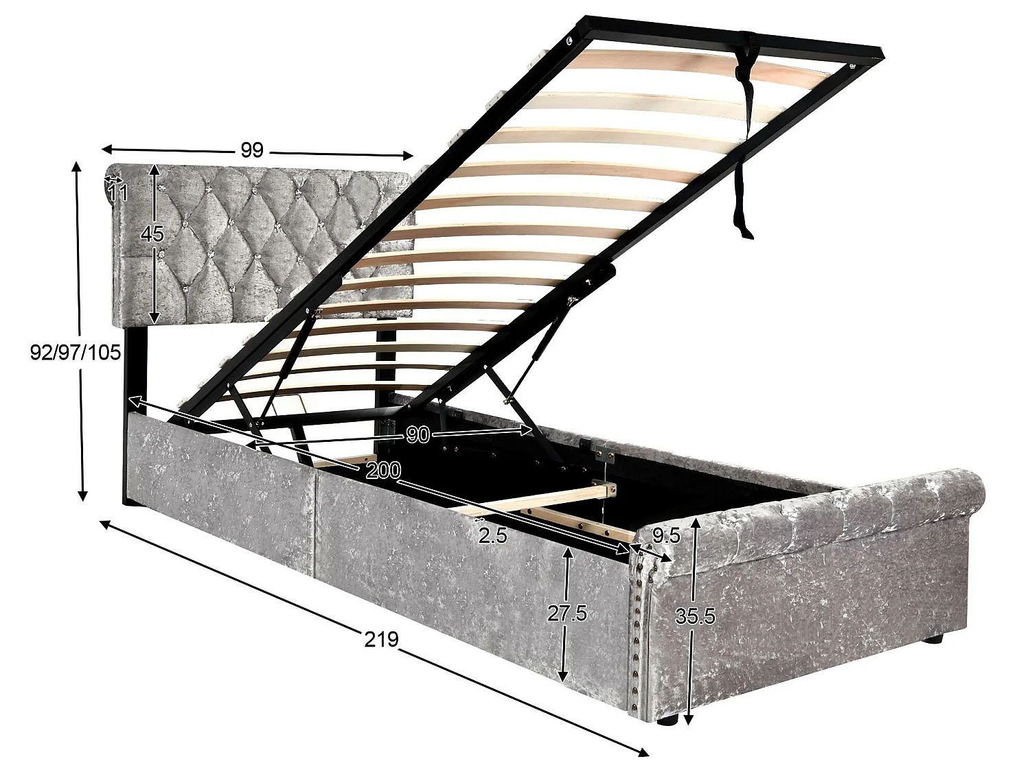 Lit coffre rembourré 90x200cm - tissu en velours - tête de lit réglable - Gris