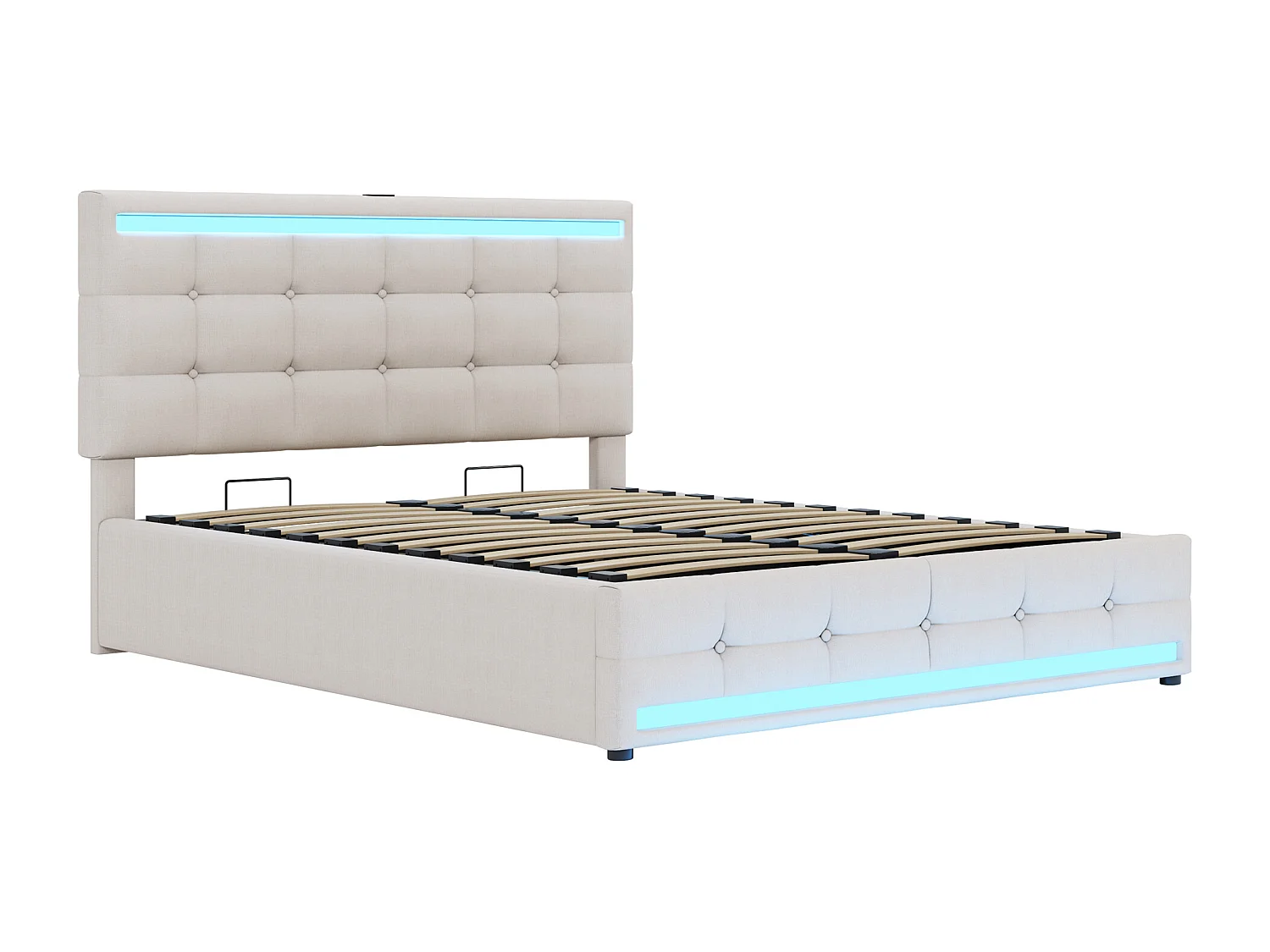 Lit coffre en lin avec led + 2 ports usb + sommier à lattes + tête de lit réglable - 140x200 cm - beige