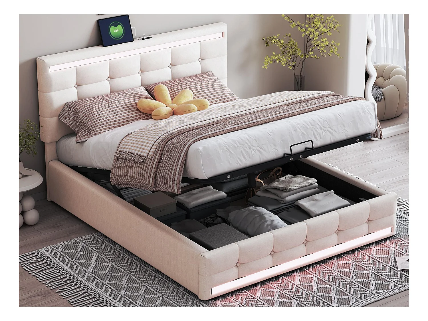 Bett mit Bettkasten mit LED + 2 USB-Anschlüssen + Lattenrost + verstellbares Kopfteil – 140 x 200 cm – Leinen – Beige
