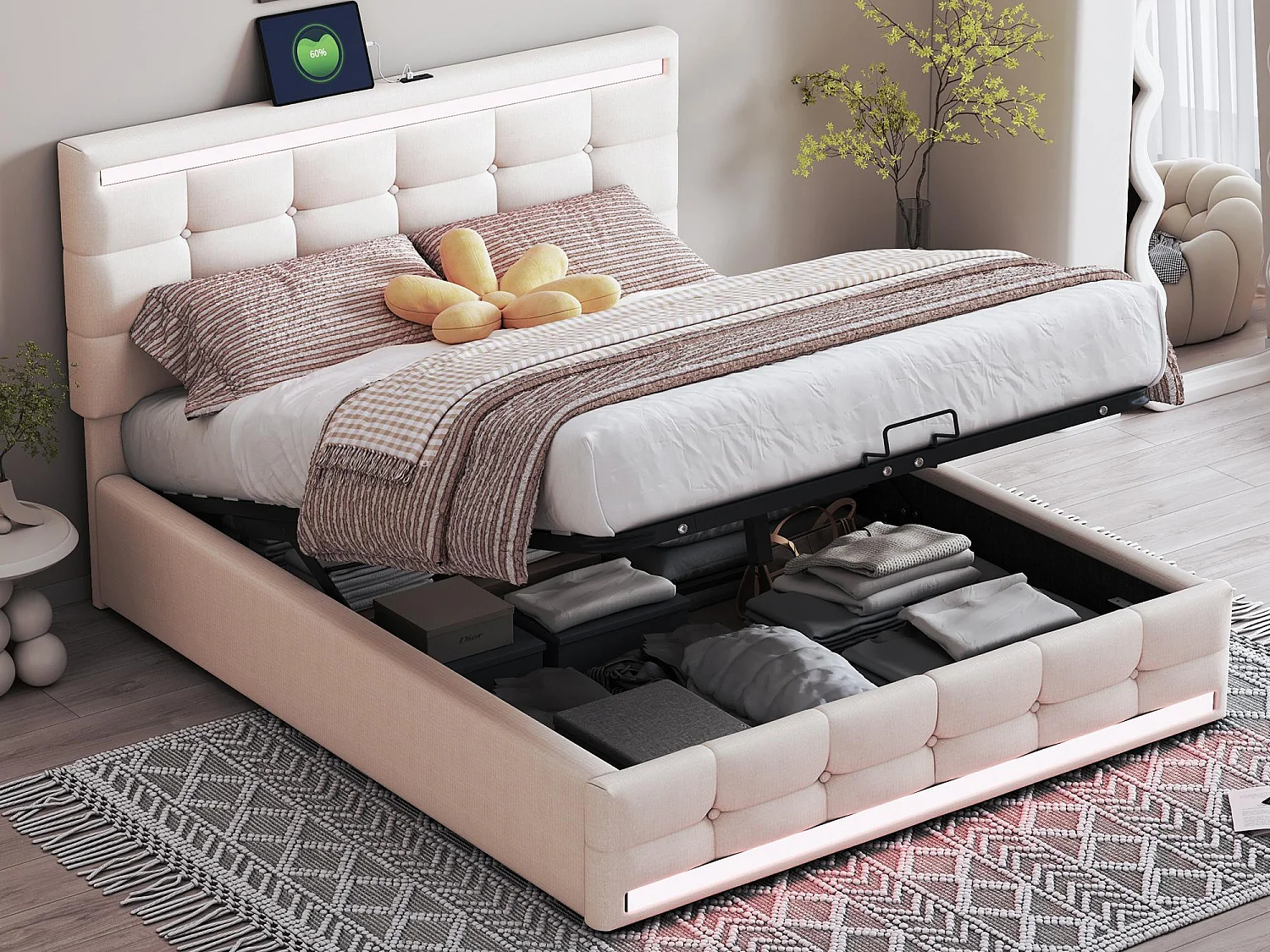 Lit coffre en lin avec led + 2 ports usb + sommier à lattes + tête de lit réglable - 140x200 cm - beige