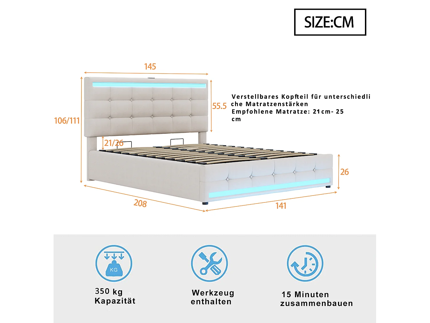 Lit coffre en lin avec led + 2 ports usb + sommier à lattes + tête de lit réglable - 140x200 cm - beige