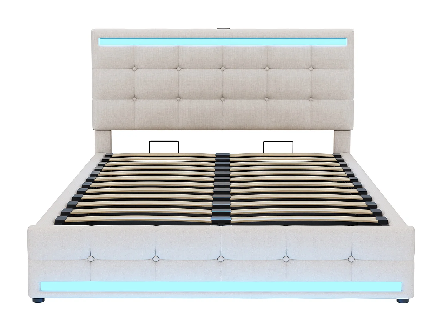 Lit coffre en lin avec led + 2 ports usb + sommier à lattes + tête de lit réglable - 140x200 cm - beige