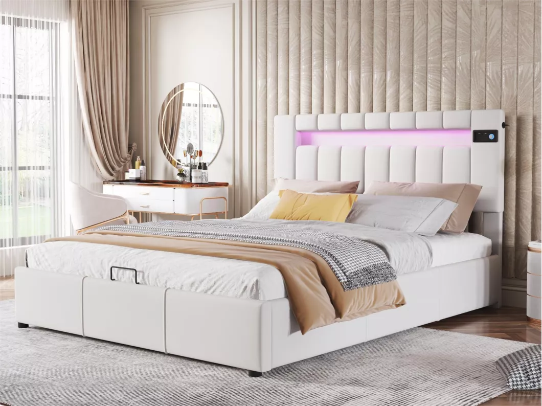 Kauf Unique Gepolstertes Stauraumbett 140 x 200 cm – Samtstoff – mit LED und Bluetooth-Player – Beige