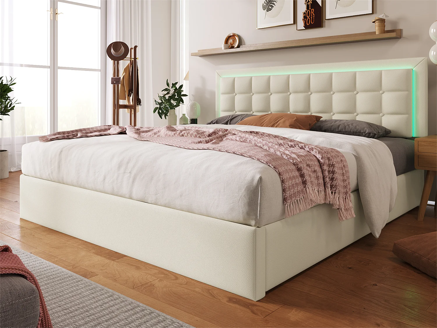 Opbergbed 140x200cm met LED in kunstleer - met lattenbodem - Wit