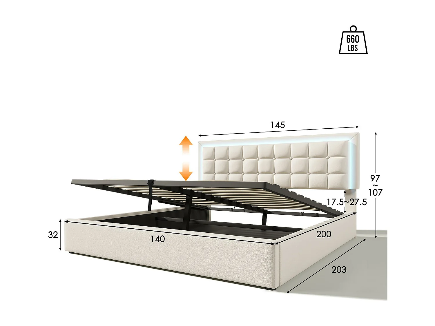 Opbergbed 140x200cm met LED in kunstleer - met lattenbodem - Wit