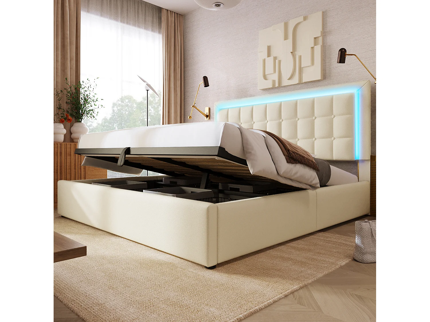 Lit coffre 140x200cm avec LED en similicuir - avec sommier à lattes - Blanc