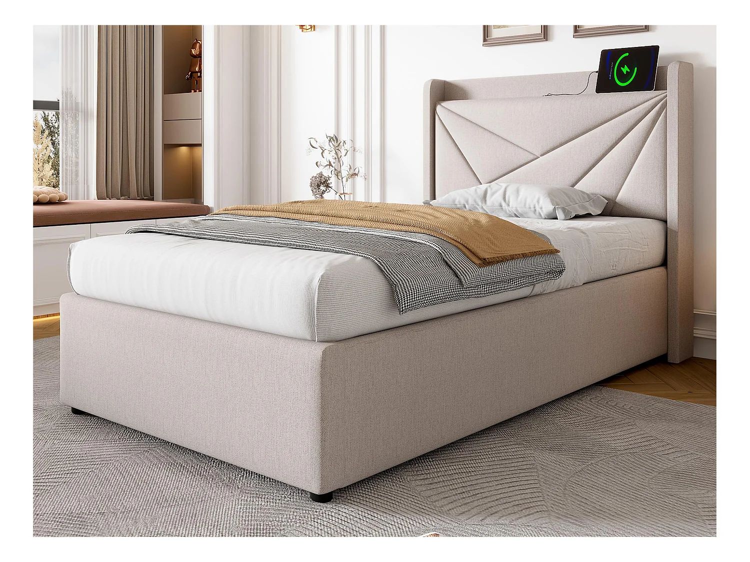 Lit coffre 90x200cm tissu en lin - avec port USB et sommier à lattes - Beige
