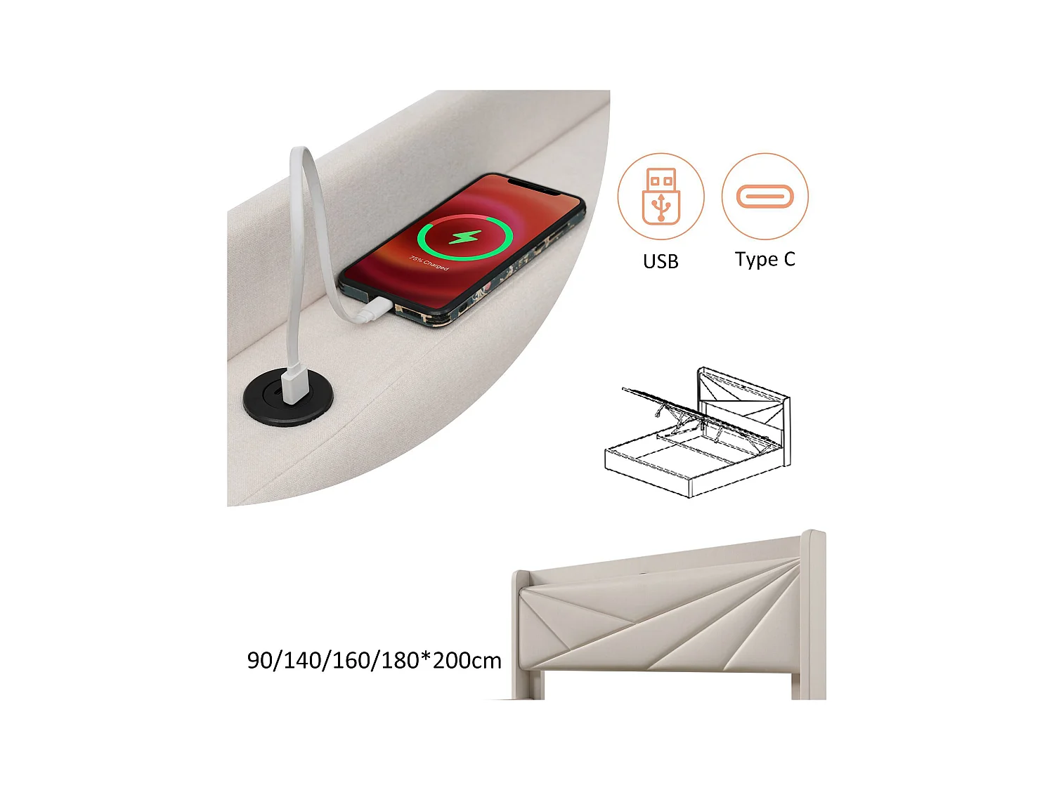 Opbergbed 90x200cm linnen stof - met USB-poort en lattenbodem - Beige