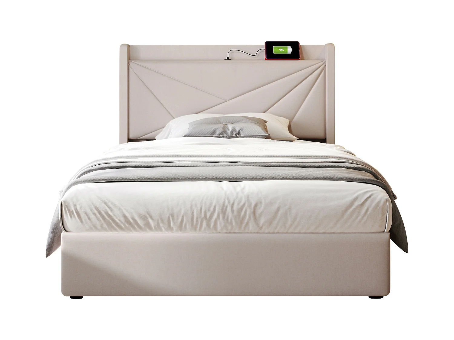 Opbergbed 90x200cm linnen stof - met USB-poort en lattenbodem - Beige