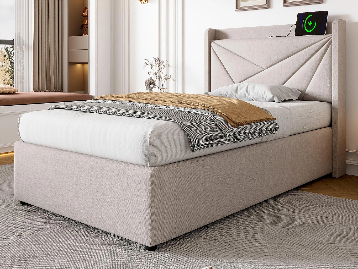 Opbergbed 90x200cm linnen stof - met USB-poort en lattenbodem - Beige