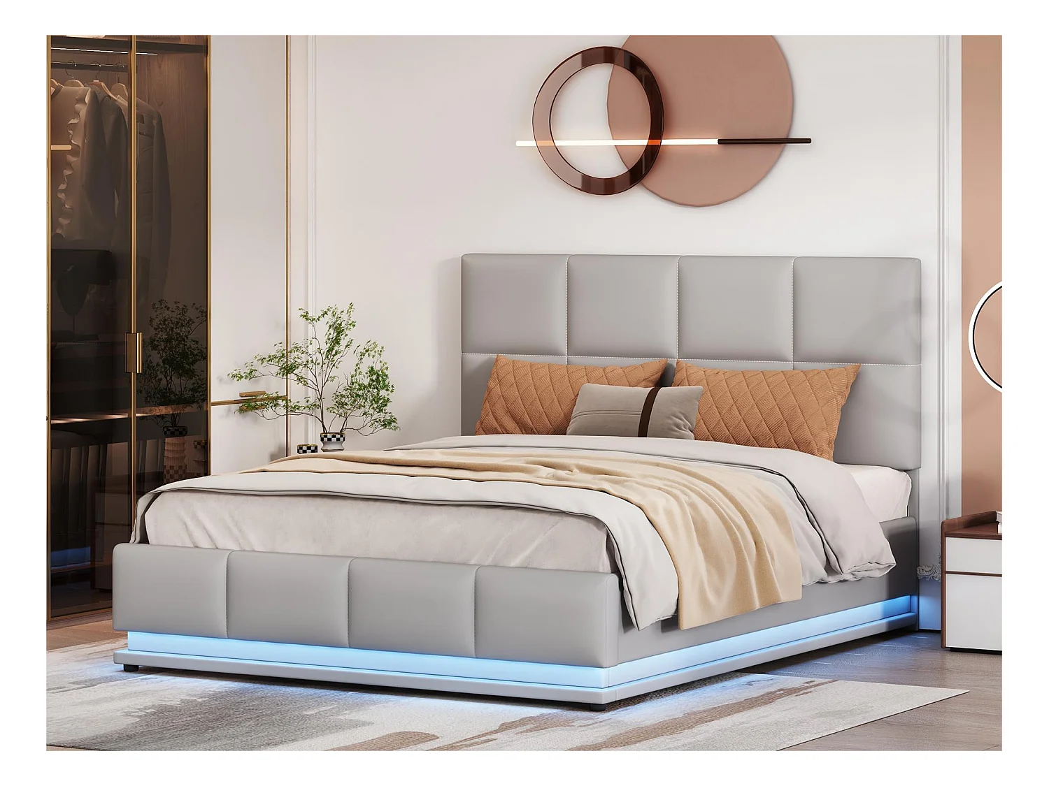 Gestoffeerd opbergbed 140x200 cm met LED verlichting - in kunstleer - Lichtgrijs