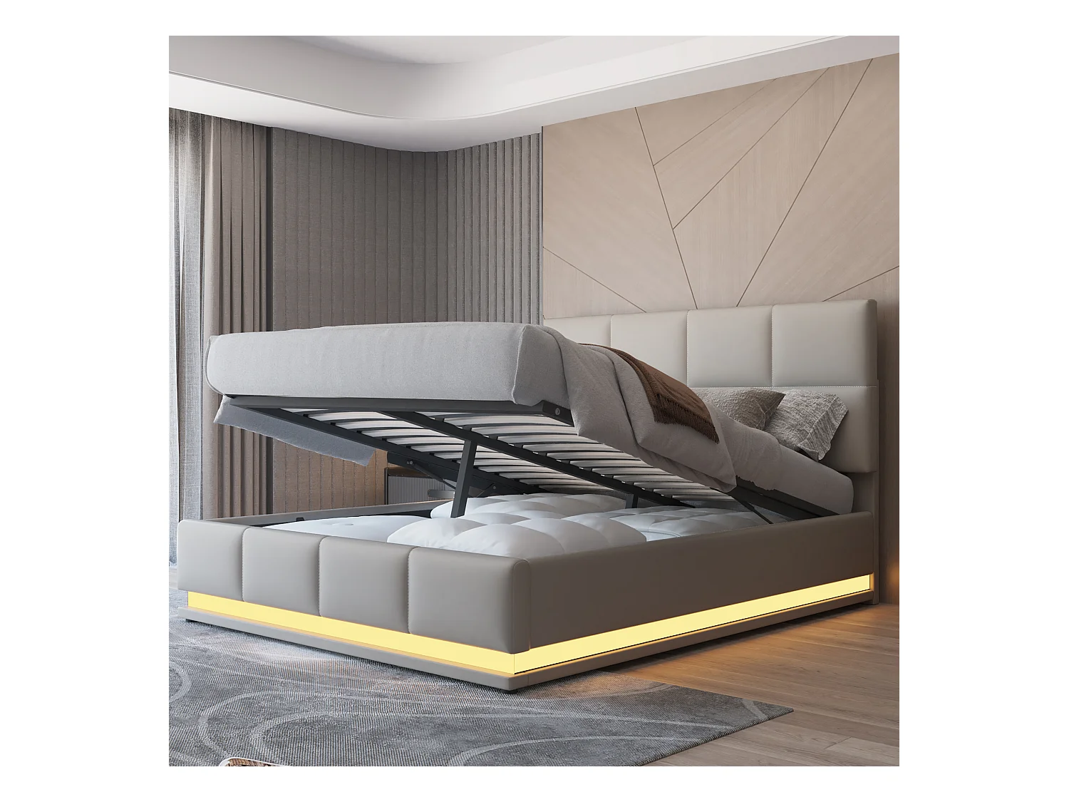 Lit coffre rembourré 140x200 cm avec éclairage LED - en similicuir - Gris clair