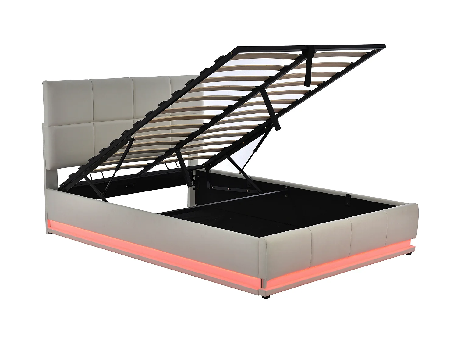 Lit coffre rembourré 140x200 cm avec éclairage LED - en similicuir - Gris clair