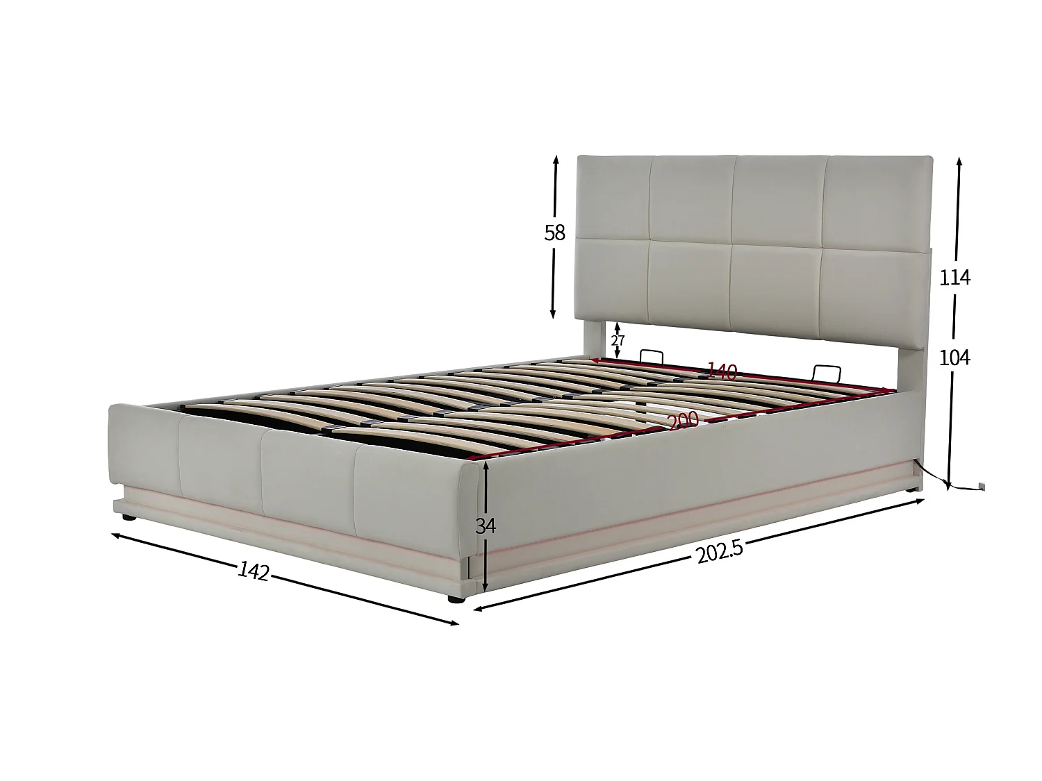 Lit coffre rembourré 140x200 cm avec éclairage LED - en similicuir - Gris clair