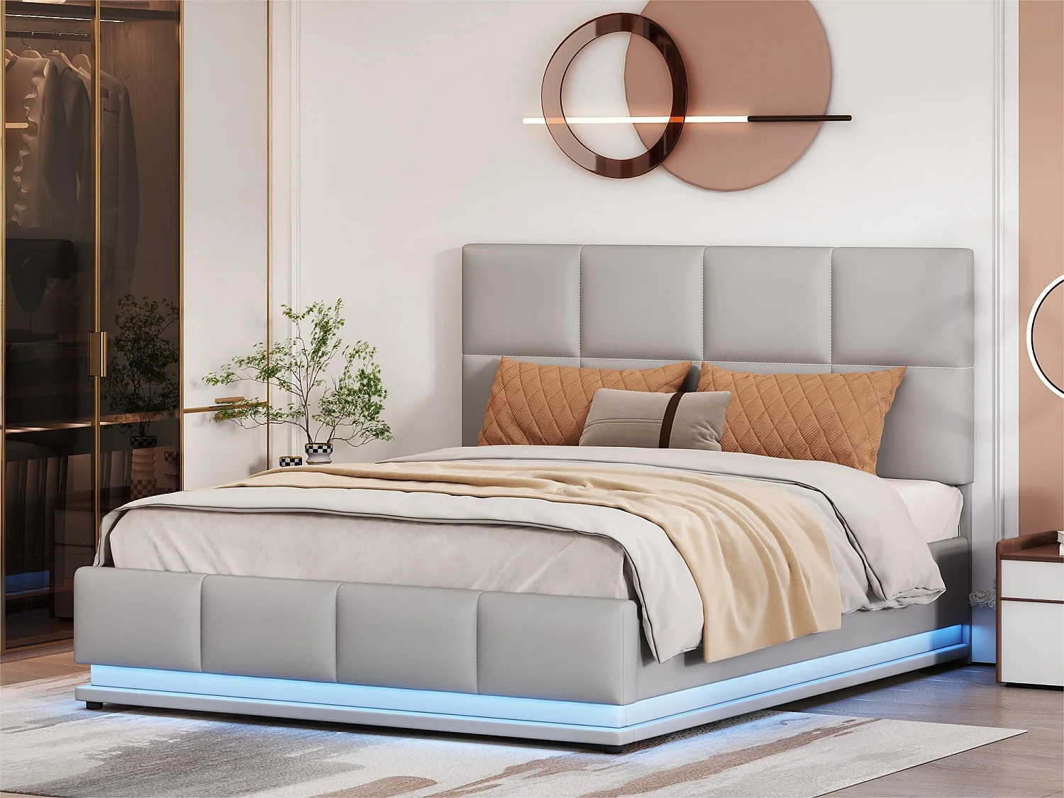 Gestoffeerd opbergbed 140x200 cm met LED verlichting - in kunstleer - Lichtgrijs