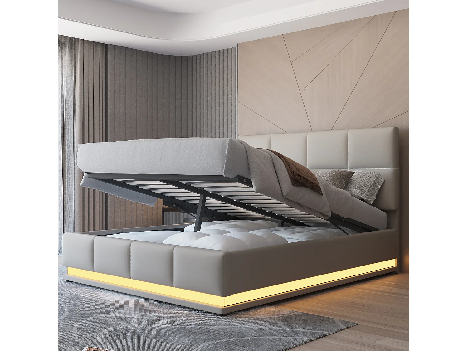 Gestoffeerd opbergbed 140x200 cm met LED verlichting - in kunstleer - Lichtgrijs