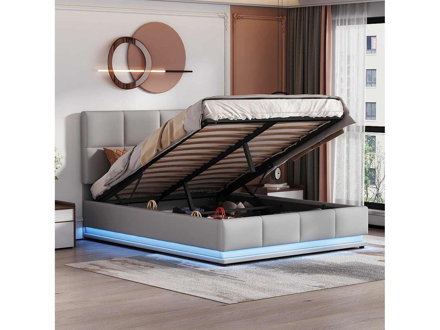 Gestoffeerd opbergbed 140x200 cm met LED verlichting - in kunstleer - Lichtgrijs