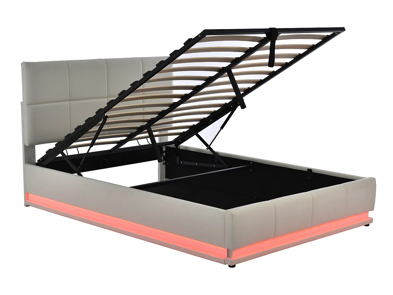 Gestoffeerd opbergbed 140x200 cm met LED verlichting - in kunstleer - Lichtgrijs