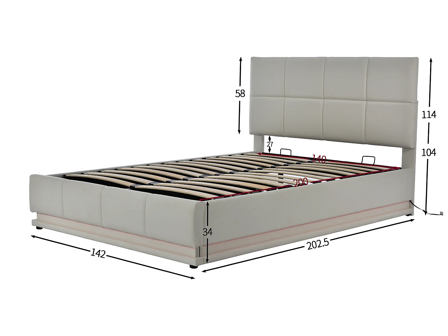 Gestoffeerd opbergbed 140x200 cm met LED verlichting - in kunstleer - Lichtgrijs