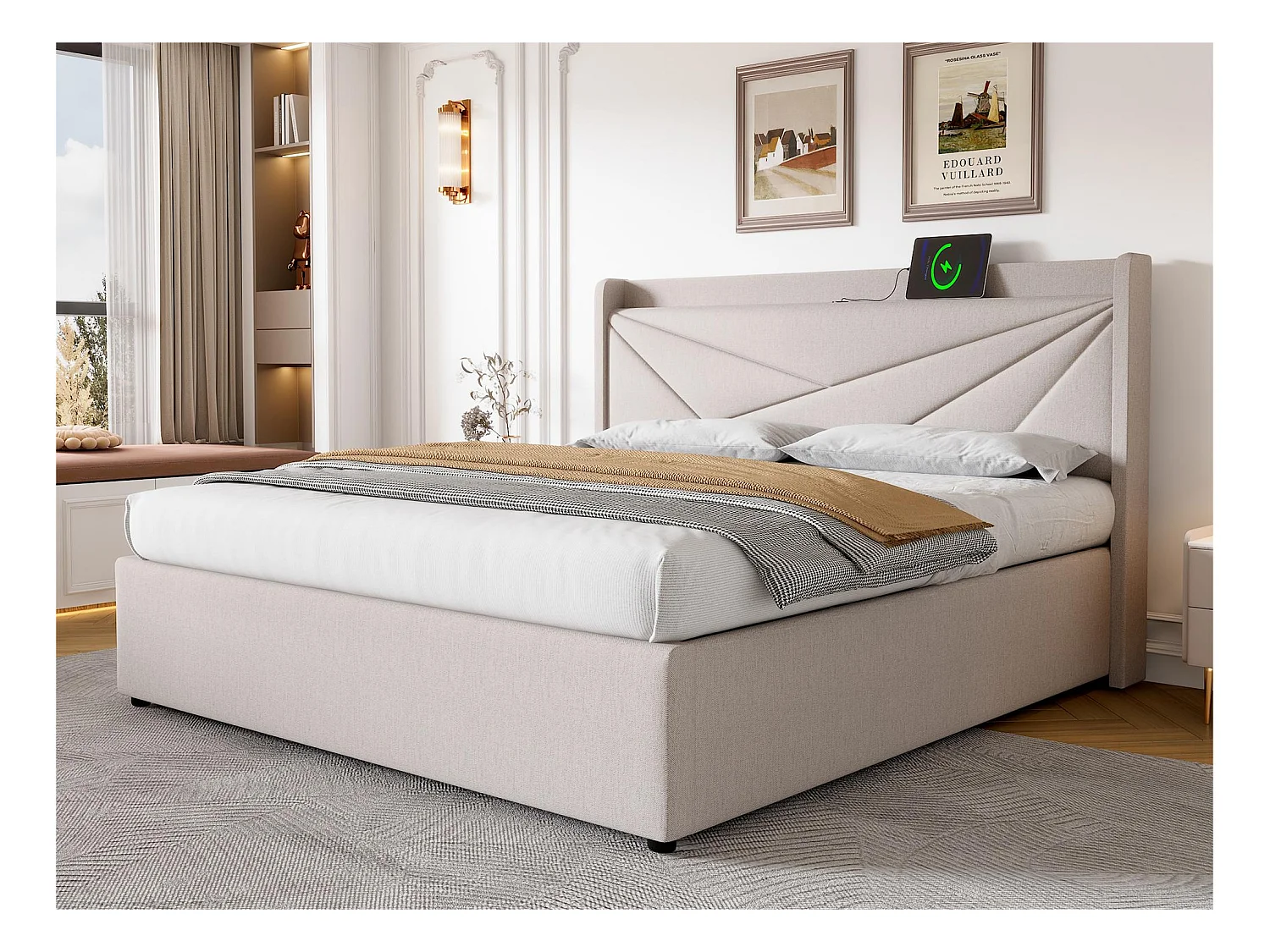 Lit coffre 140x200cm tissu en lin - avec port USB et sommier à lattes - Beige