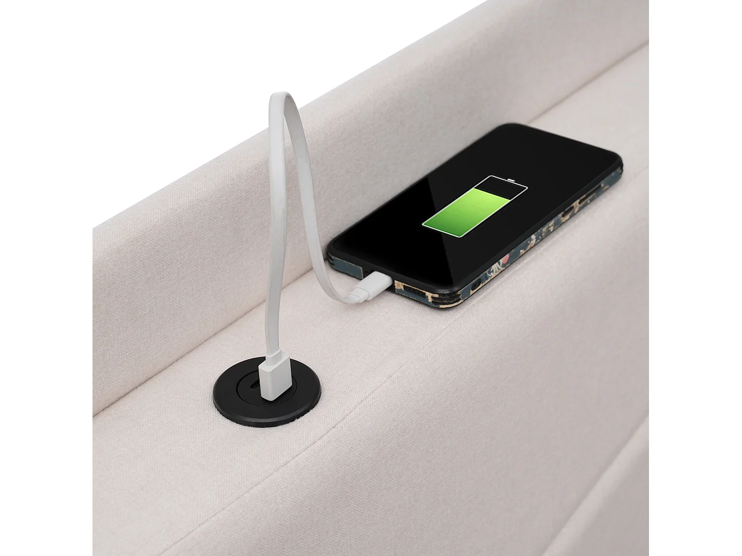 Lit coffre 140x200cm tissu en lin - avec port USB et sommier à lattes - Beige