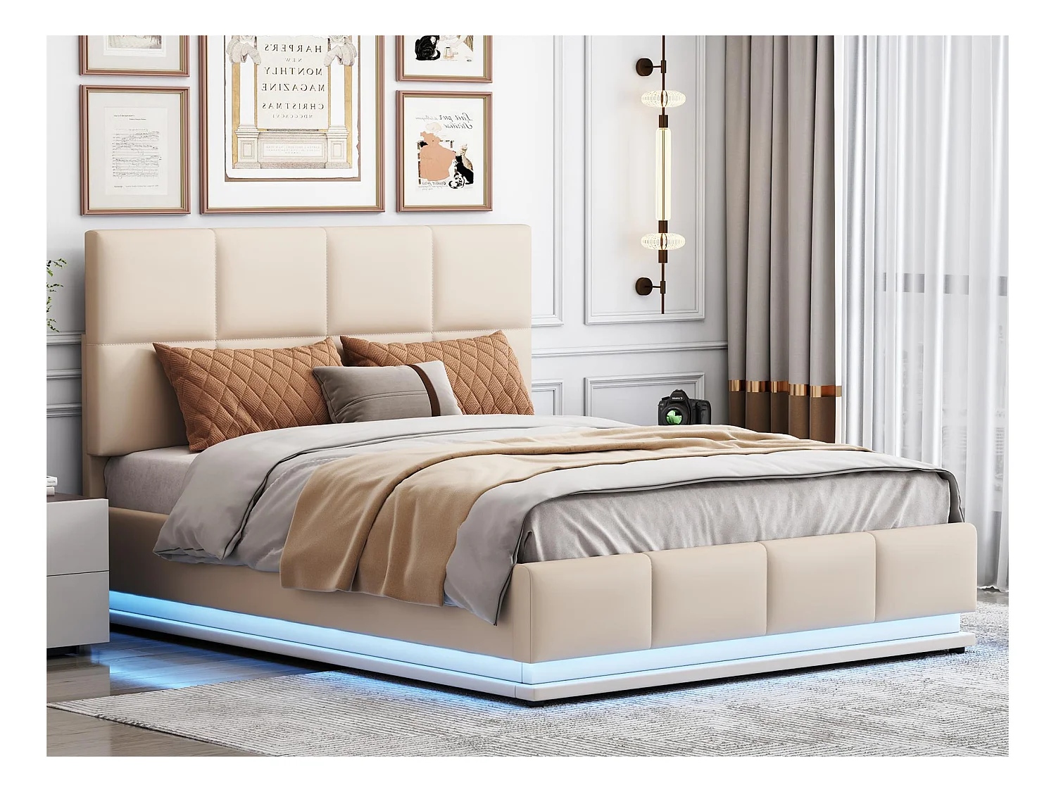 Gestoffeerd opbergbed 140x200 cm met LED verlichting - in kunstleer - Beige