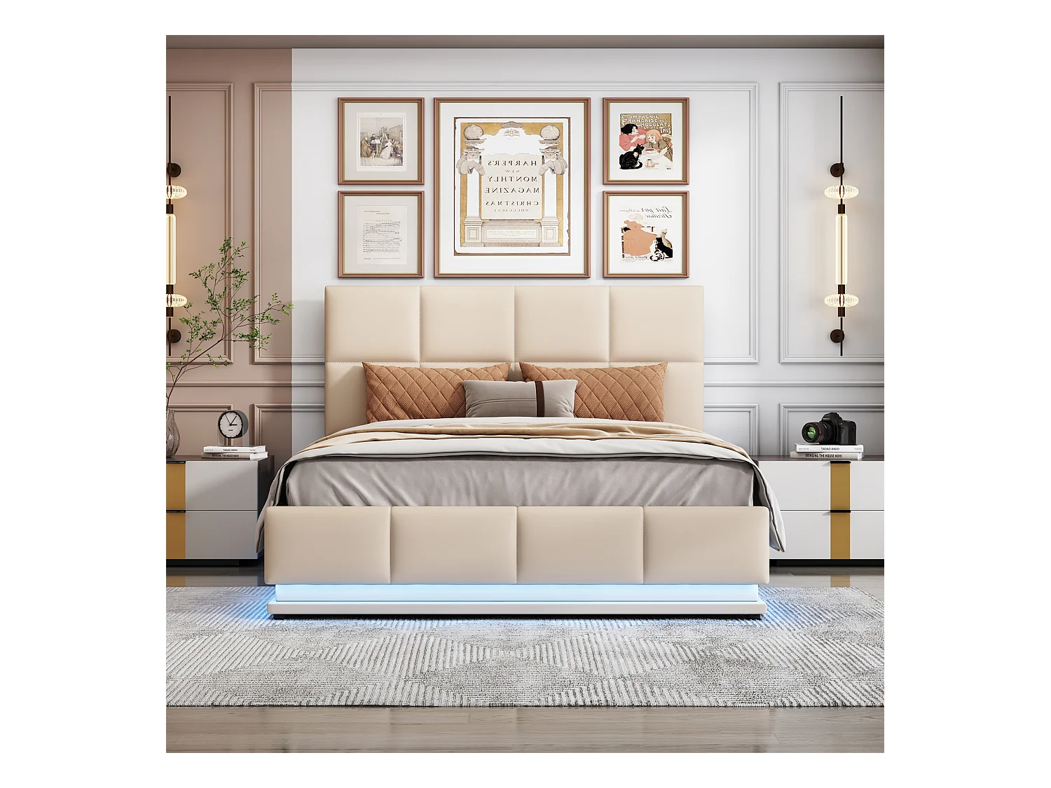 Lit coffre rembourré 140x200 cm avec éclairage LED - en similicuir - Beige