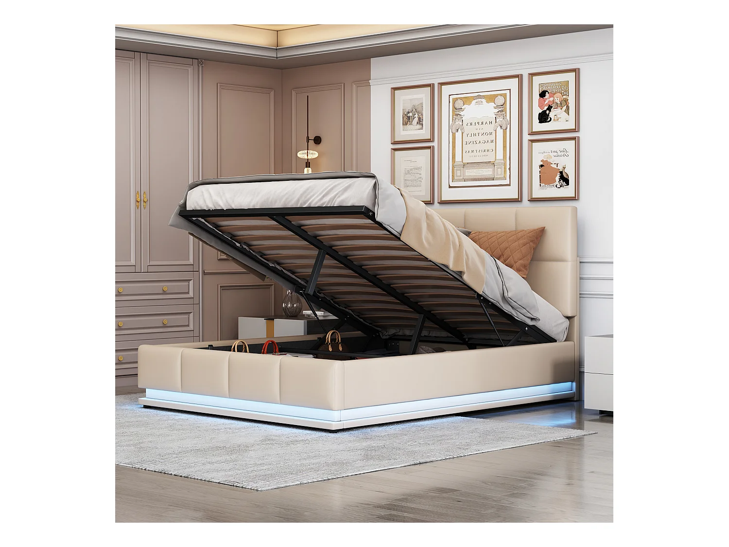Lit coffre rembourré 140x200 cm avec éclairage LED - en similicuir - Beige