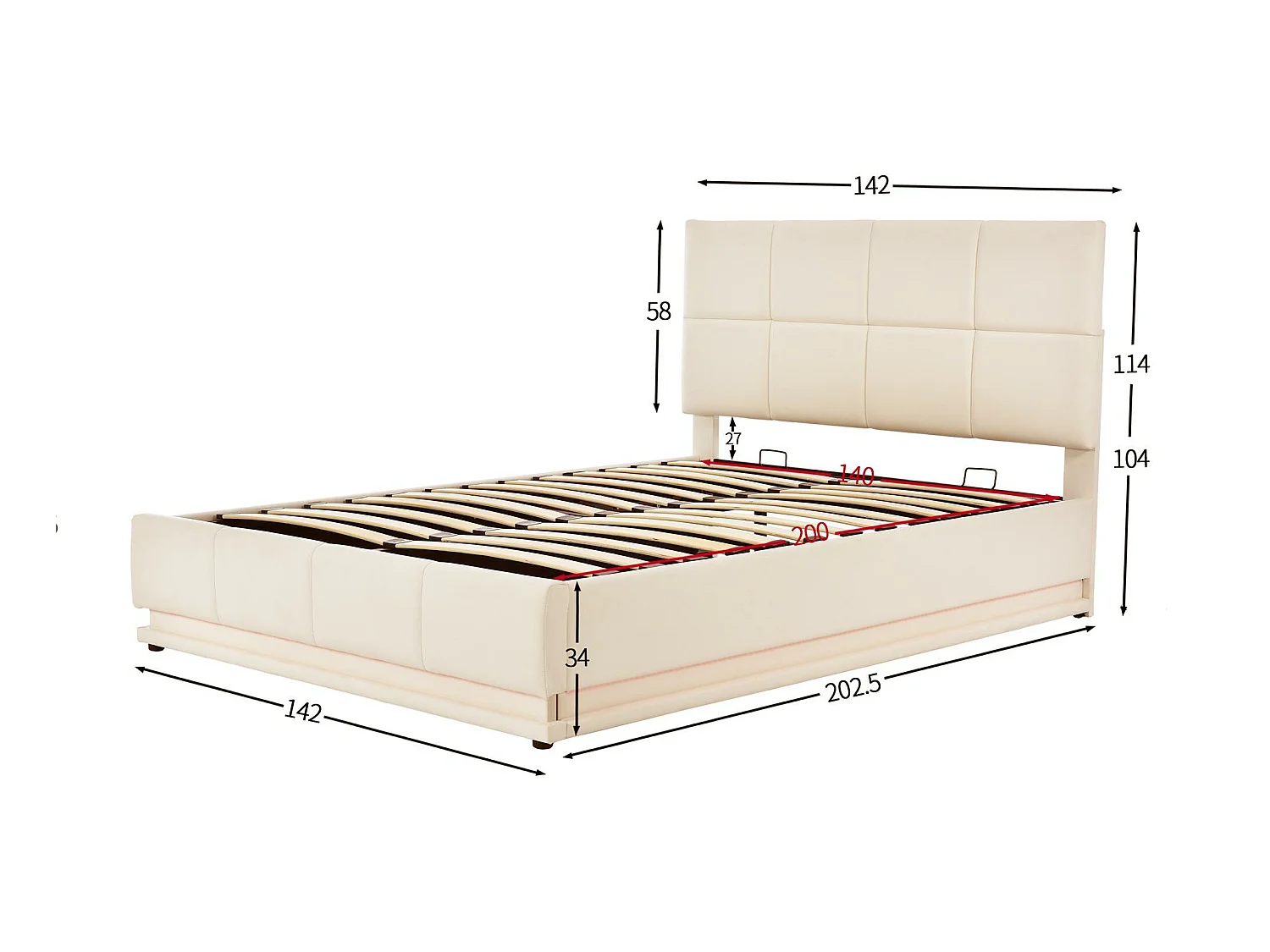 Lit coffre rembourré 140x200 cm avec éclairage LED - en similicuir - Beige