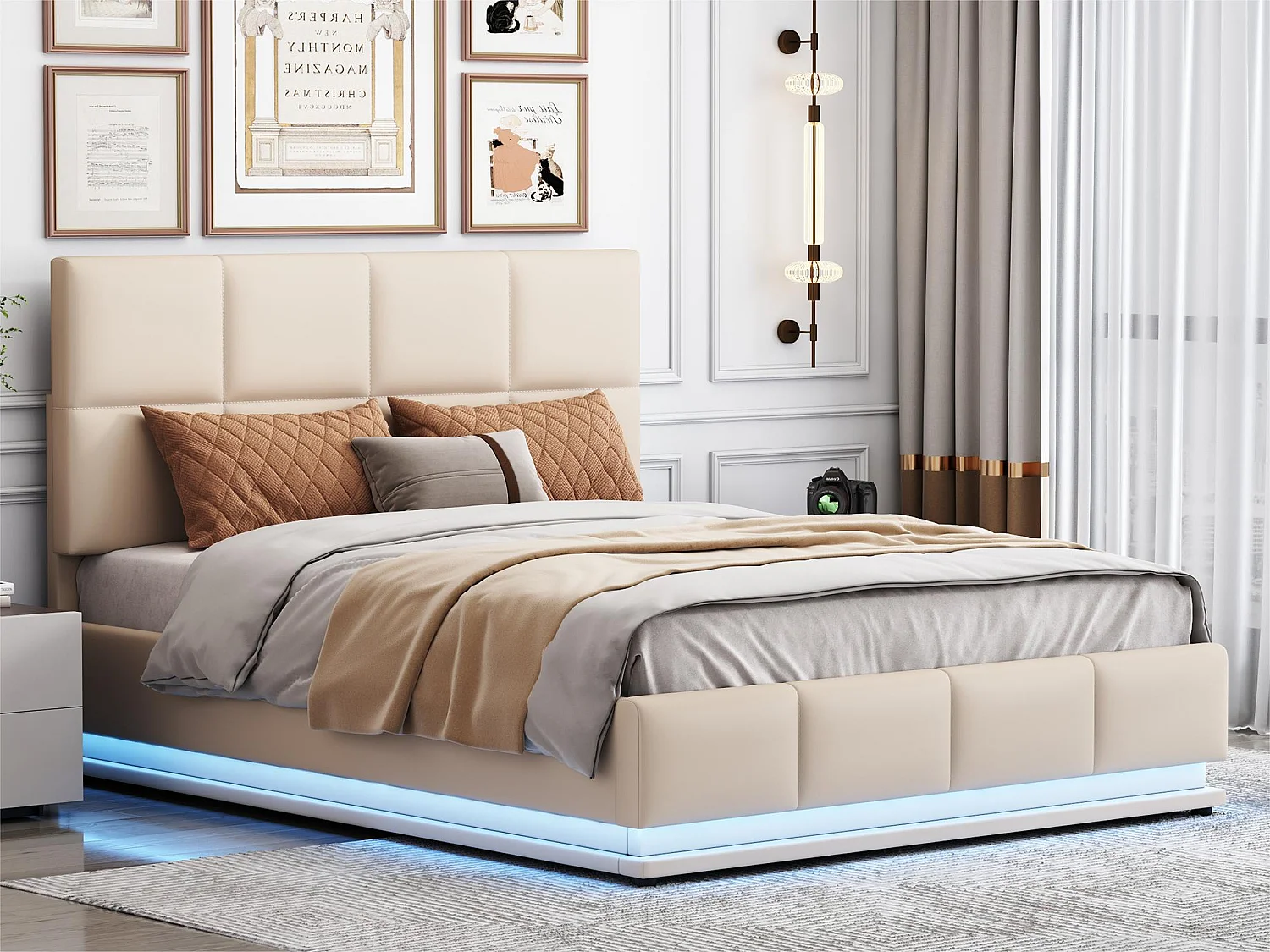 Lit coffre rembourré 140x200 cm avec éclairage LED - en similicuir - Beige